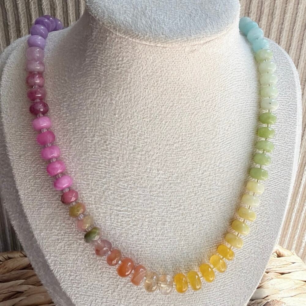 20" Gemstone Beaded Necklace, Ombre Pastel Rainbow, Semi Precious, Colorful